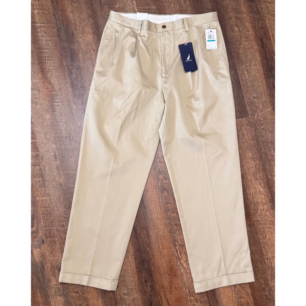 NWT Nautica Rigger Men's Khaki Pants 36x32 Classic Fit Double Pleat Cuffed